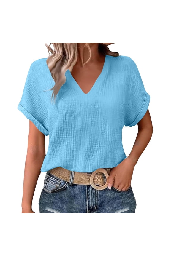 Summer Tops for Women Cotton Linen Rolled Up Short Sleeve Shirts V Neck Ruched Tops Fashion Clothing Solid Color Blouse Blue M