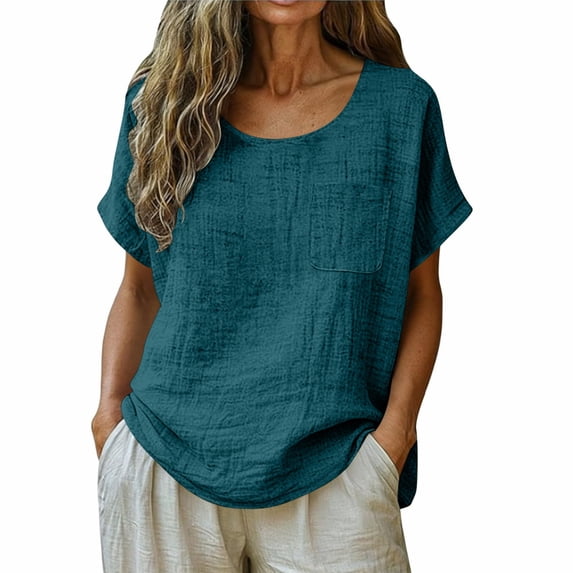 Summer Tops for Women Cotton Linen Shirts Short Sleeve Casual Holiday Beach Blouse Ladies Soft Baggy Loose Plain Tee Shirt