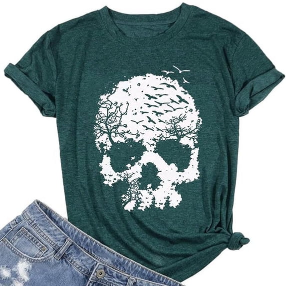 Summer Tops for Women Crew Neck Skull Print Casual T Shirts Spring Fashion Short Sleeve Beach Vacation Tees