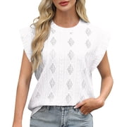 Summer Tops for Women Crewneck Cap Sleeve Crochet Knit Texture Lightweight Casual Tank Top