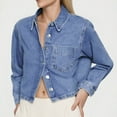 thumbnail image 1 of Summer Tops for Women Crop Denim Jacket Long Sleeve Jean Lapel Collar Denim Blouse Shirts for Women Blue L, 1 of 5
