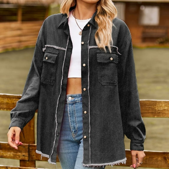 Summer Tops for Women Denim Furred Edge Washed Fringe Top Casual Long Sleeve Summer Shirts for Women Grey M
