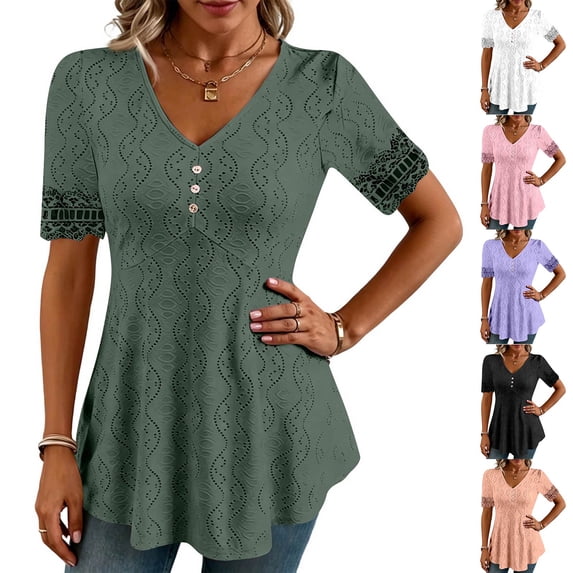 Summer Tops for Women Dressy Hollow Out Eyelet Short Sleeve T Shirt Trendy Casual V Neck Flowy Going Out Blouse, XL