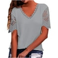 thumbnail image 1 of Summer Tops for Women Elegant Short Sleeve V-Neck Lace Stitching Pullover Blouse Shirt Solid Color Casual Tops Gray S, 1 of 6