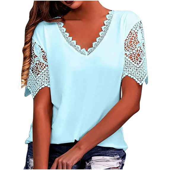Summer Tops for Women Elegant Short Sleeve V-Neck Lace Stitching Pullover Blouse Shirt Solid Color Casual Tops Light Blue XL