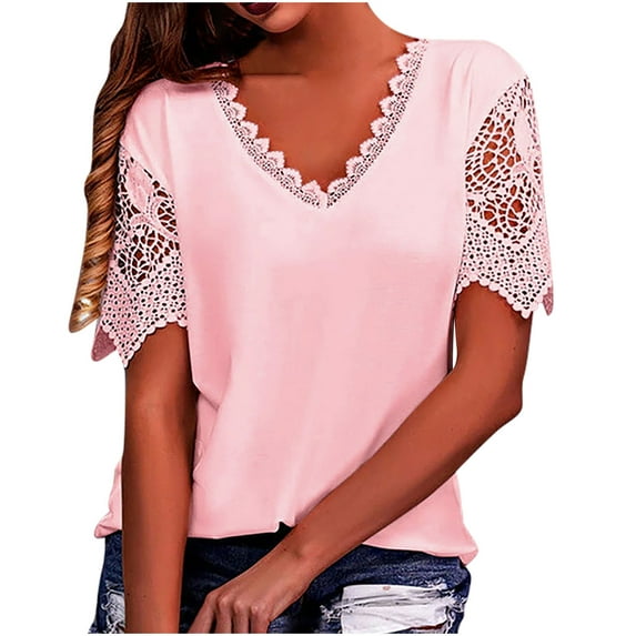 Husipze Summer Tops for Women Elegant Short Sleeve V-Neck Lace Stitching Pullover Blouse Shirt Solid Color Casual Tops Pink XL