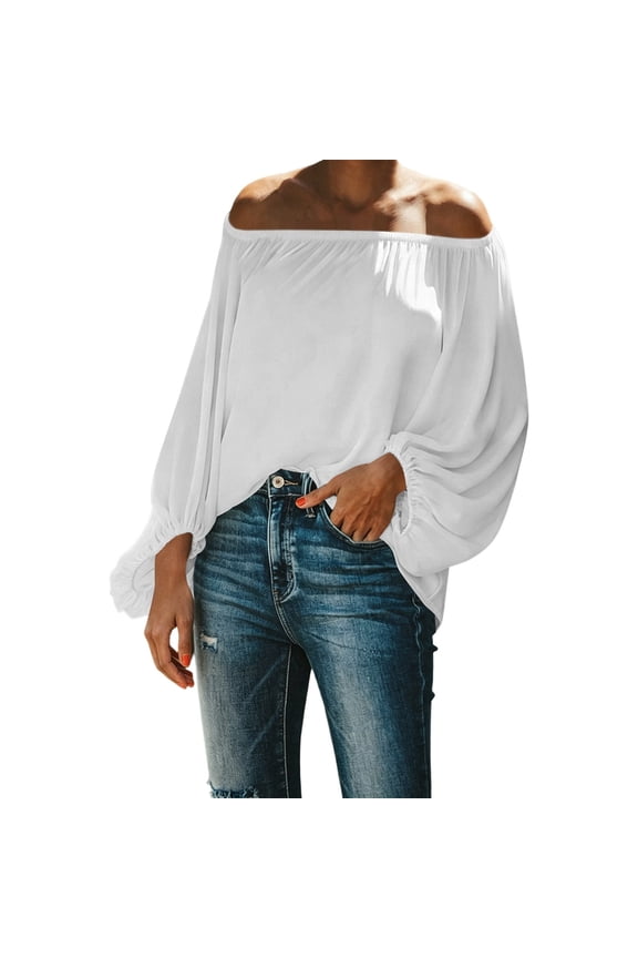 Summer Tops for Women Elegant off Shoulder Puff Sleeve Flowy Night Wardrobe Womens Performance Tops,White,M
