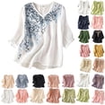 thumbnail image 1 of Summer Tops for Women Embroidered 3/4 Sleeve Boho Linen Shirts V Neck Tunic Peasant Clothes, 1 of 7