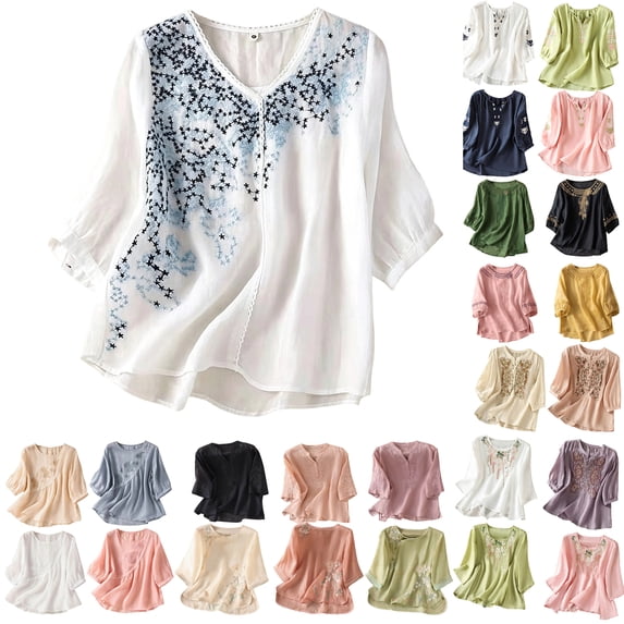 Summer Tops for Women Embroidered 3/4 Sleeve Boho Linen Shirts V Neck Tunic Peasant Clothes