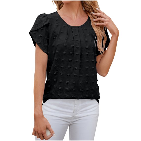 Summer Tops for Women Fashion Casual Crew Neck Pleated Petal Sleeve Blouses Jacquard Solid Color Loose Tunic Tees (2XL, Black)