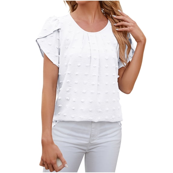 Summer Tops for Women Fashion Casual Crew Neck Pleated Petal Sleeve Blouses Jacquard Solid Color Loose Tunic Tees (XL, White)
