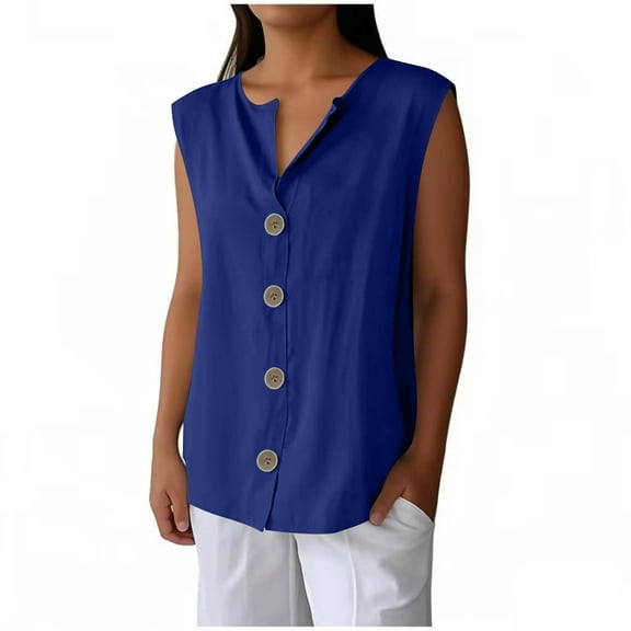 Summer Tops for Women Fashion Plus Size Solid Color V-Neck Button Sleeveless Save 65% Instantly!