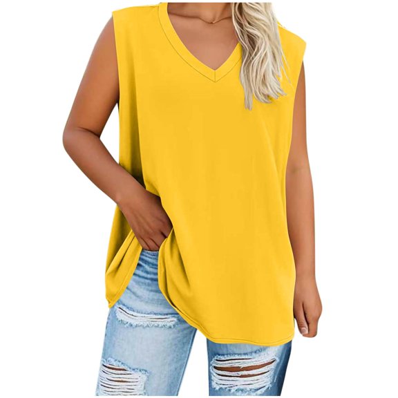 Summer Tops for Women Fashion Plus Size V-Neck Solid Color Casual Pullover Sleeveless Save 65% Instantly!