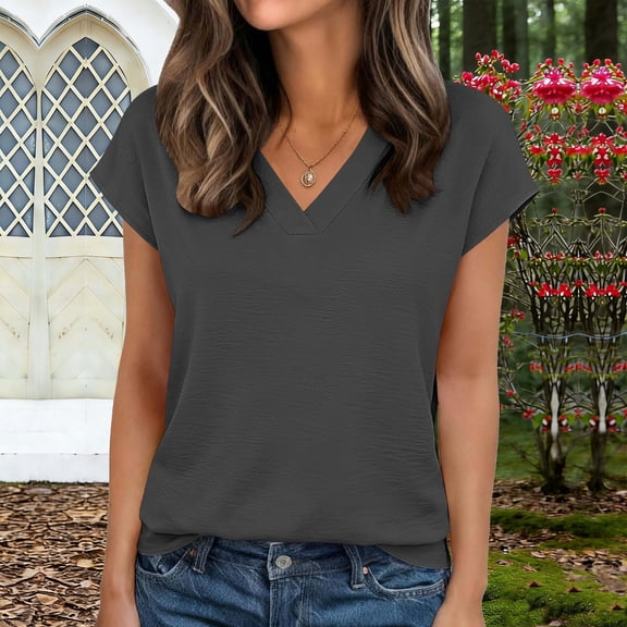 Summer Tops for Women Fashion Solid V-Neck Short Sleeve T-Shirts Dressy Casual Loose Fit Work Blouse Holiday Vacation Basic Tees