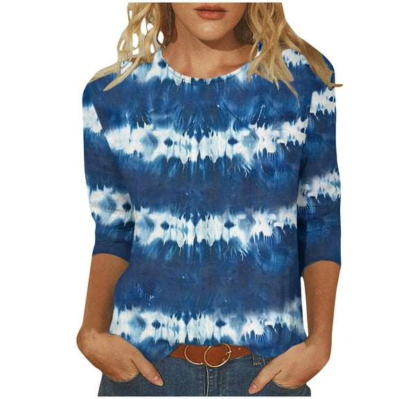 Summer Tops for Women Fashion Tie-Dying Casual 3/4 Sleeve Blouses Crew Neck Cotton Slim Fitted Everyday Graphic Tunics, Blue, XXL