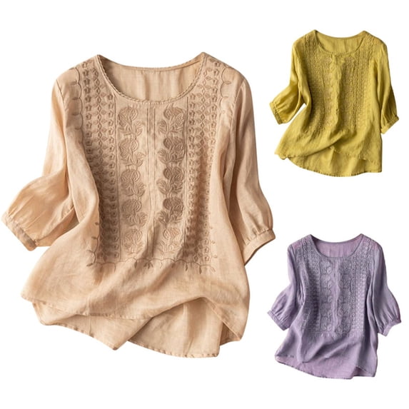 Summer Tops for Women Floral Embroidery 3/4 Sleeve Round Neck Tops Casual Loose Solid Shirt Blouse