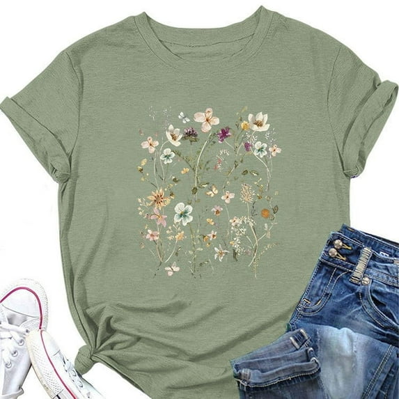 Summer Tops for Women Floral Print Short Sleeved Round Neck Pullover T-Shirts Trendy Stretch Classic Fit Casual Workout Tees