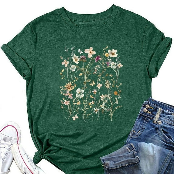Summer Tops for Women Floral Print Short Sleeved Round Neck Pullover T-Shirts Trendy Stretch Classic Fit Casual Workout Tees