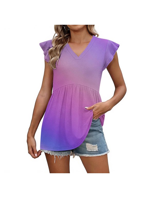 Summer Tops for Women Flutter Short Sleeve T-Shirts Womens V Neck Gradient Printed Peplum Hem Pullover Tees Gifts for Mom