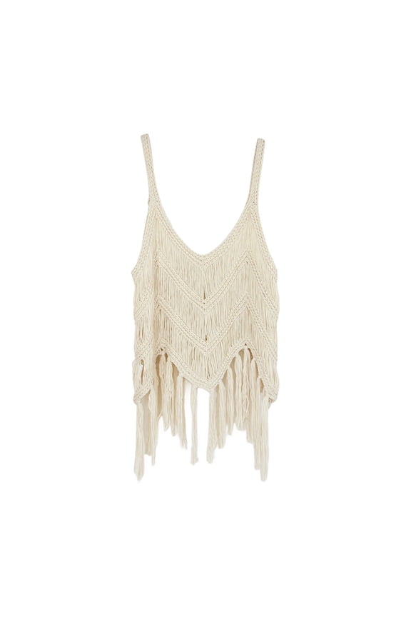 Summer Tops for Women Fringe Western Tassel Tank Tops Sleeveless V Neck Crochet Crop Top Boho Knitted Spaghetti Straps Vest