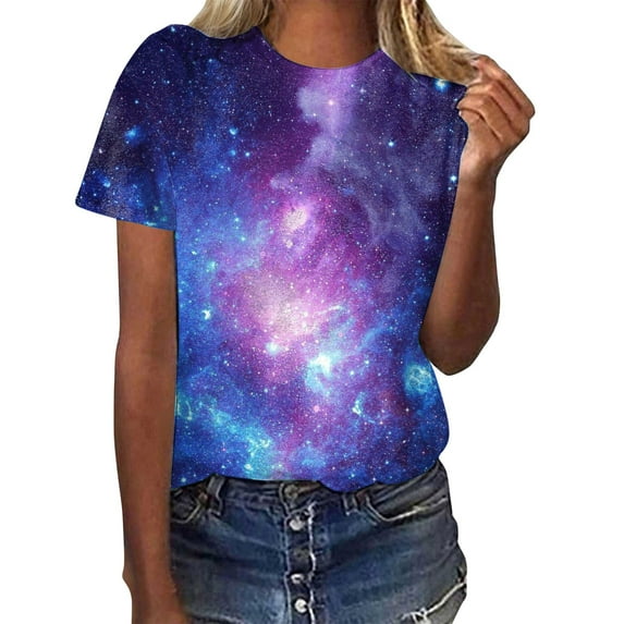 Summer Tops for Women Galaxy Starry Sky Pattern Round Neck Loose Short Sleeved Shirts for Women Purple