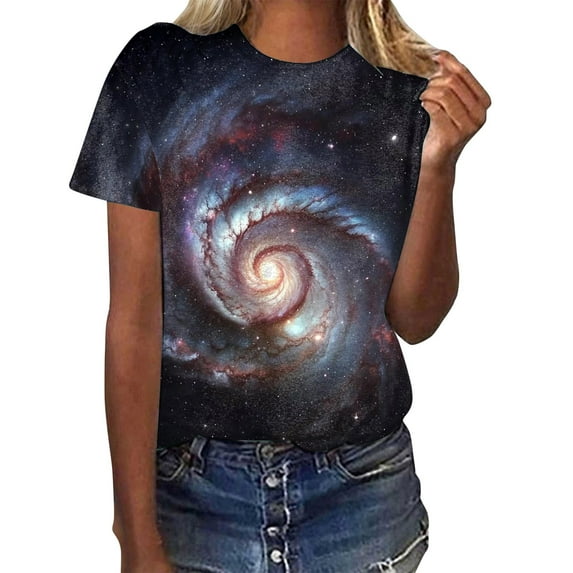 Summer Tops for Women Galaxy Starry Sky Pattern Round Neck Loose Short Sleeved T Shirts for Women Dark Gray
