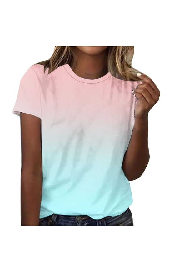 Summer Tops for Women Gradient T-Shirt Short Sleeve Casual Tops Crewneck Ombre Tee Loose Fit Blouse