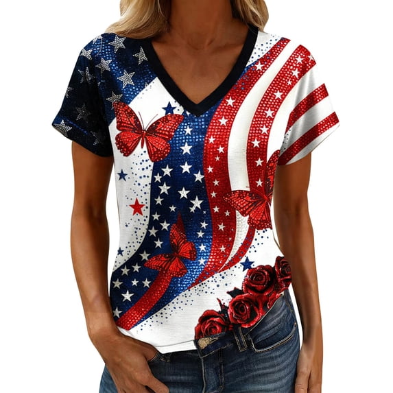 Summer Tops for Women Independence Day Patriotic Glitter Tees V Neck Butterfly Rose Print Casual Tops Shirts Blouses
