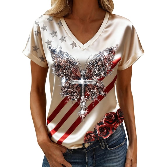 Summer Tops for Women Independence Day Patriotic Glitter Tees V Neck Butterfly Rose Print Casual Tops Shirts Blouses