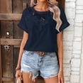 thumbnail image 1 of Summer Tops for Women Lace Crewneck Short Sleeve Shirts Solid Color Casual Loose Flowy Boho Chic Trendy T Shirts S-2XL, 1 of 7