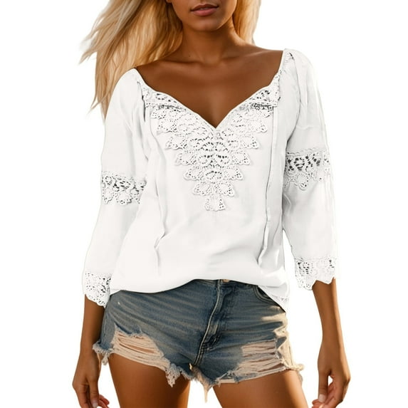 Summer Tops for Women Lace Patchwork 3/4 Sleeved V-Neck T Shirts Basic Casual Loose Fit Going Out Workout Blouses Outfits