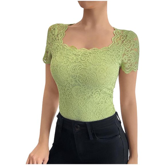 Summer Tops for Women Lace Square Neck Short Sleeve Shirts Fashion Casual Loose Fit Pullover Basic Blouses (M, Green)