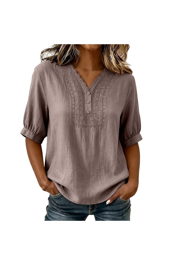Summer Tops for Women Lace V Neck Bubble Sleeve Textured Blouse Soft Linen Top for Date Office
