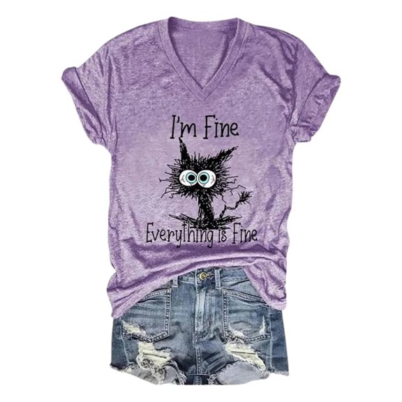Summer Tops for Women Ladies' Fashion V Neck Retro Cat Letter Printed Short Sleeved Top Oversized Tshirts for Women Purple XL