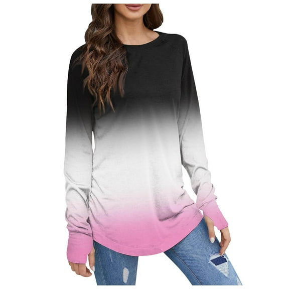 Summer Tops for Women Long Sleeve Round Neck Basic Fashion Printed Thumbhole Tunic Hot Pink Tshirts for Women S