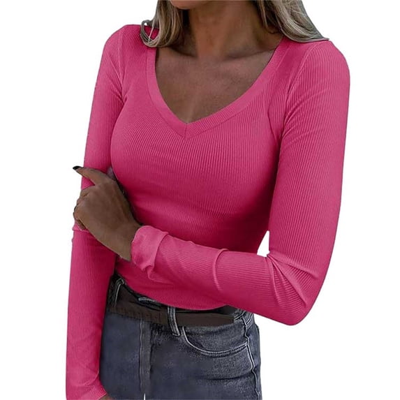 Summer Tops for Women Long Sleeve V Neck Ribbed Knit Casual Tops Tee Slim Basic Shirt on Sale