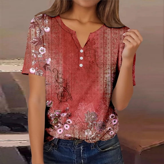Summer Tops for Women Neck Buttons Dressy Geometric Print Tshirt Short Sleeve Spring Casual Tees