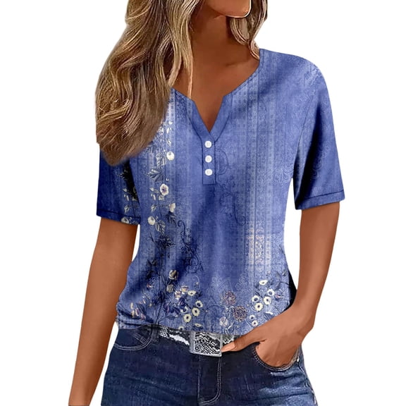 Summer Tops for Women Neck Buttons Short Sleeve Dressy Blouses Geometric Print Shirts for Women Blue