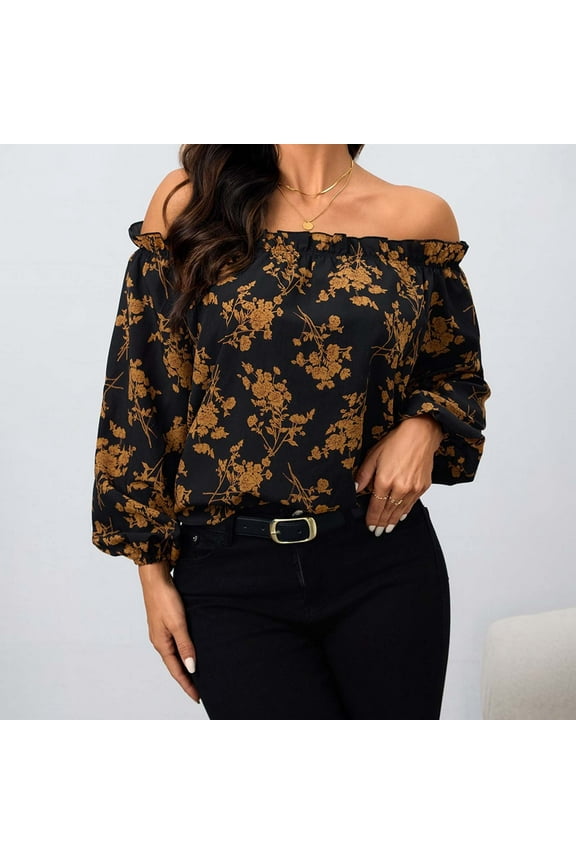 Summer Tops for Women New Beauty off Shoulder Floral One Neck Shirt Long Sleeve Summer Shirts for Women Gold XL