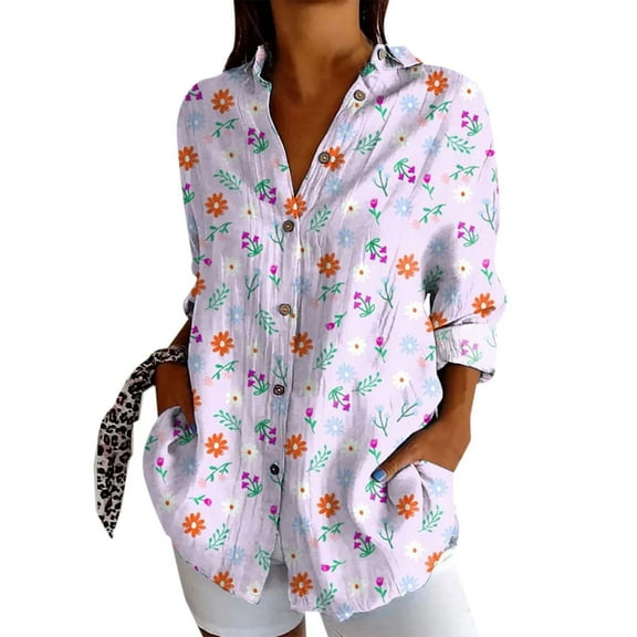 Summer Tops for Women New Fashionable Long Sleeve Printed Casual Lapel Shirt Summer Shirts for Women Purple M