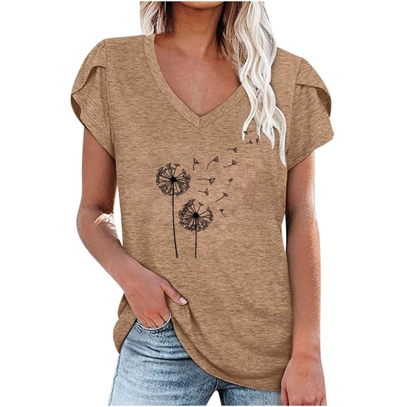 Summer Tops for Women Petal Short Sleeve V Neck Tunic Tops Casual Dressy Basic Blouse Print Loose Fit Tee Shirts