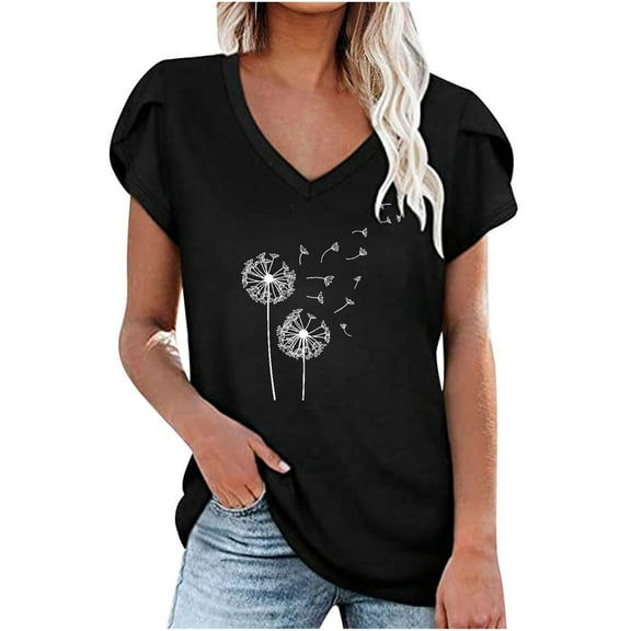 Summer Tops for Women Petal Short Sleeve V Neck Tunic Tops Casual Dressy Basic Blouse Print Loose Fit Tee Shirts