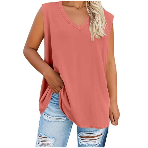 Summer Tops for Women Pink Fashion Plus Size V-Neck Solid Color Casual Pullover Sleeveless Save 65% Instantly!
