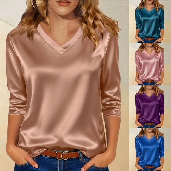 Summer Tops for Women Plus Size Casual Blouse Summer Loose Satin Short Sleeve V Neck Solid Color Pullover Tunic Top