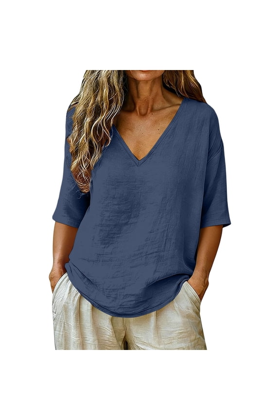 Summer Tops for Women Plus Size Mid Length Sleeve V Neck Gauzy Loose Cotton Linen Blouse