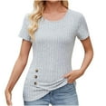 thumbnail image 1 of Summer Tops for Women Plus Size New Solid Color Round Neck Fashionable Button Pleated Short Sleeved Top Womens Blouses Gray XL, 1 of 9