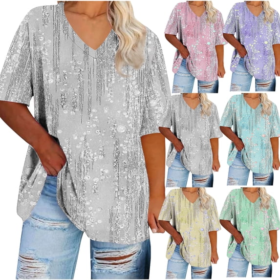 Summer Tops for Women Plus Size Plus Size V-neck Printing Short Sleeve Solid Color Summer Base T-shirt Womens Blouses Gray 2XL