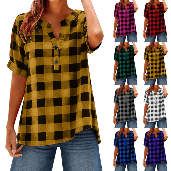Summer Tops for Women Plus Size Retro Plaid Short Sleeve V Neck Buttons Shirts Casual Womens Blouses S-5XL