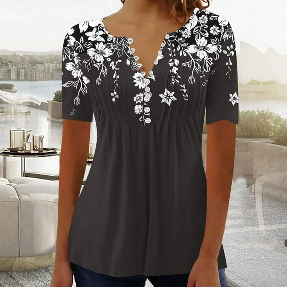 Summer Tops for Women Plus Size ShirtsTrendy Boho Floral Print Tunic Top Short Sleeve Button Pleated V-Neck Tshirt Casual Loose Blouse Pullover