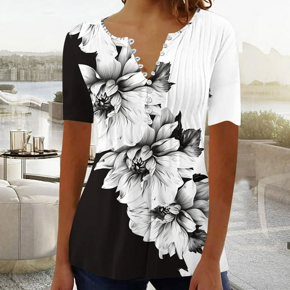 Summer Tops for Women Plus Size ShirtsTrendy Boho Floral Print Tunic Top Short Sleeve Button Pleated V-Neck Tshirt Casual Loose Blouse Pullover